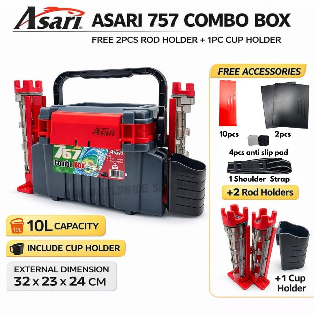 Asari 757 Combo Fishing Tackle Box with [ 2pcs Rod Holder&Cup Holder ]